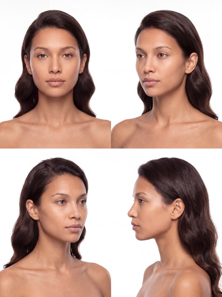 The four angles: forward face, three-quarter left, three-quarter right and side profile